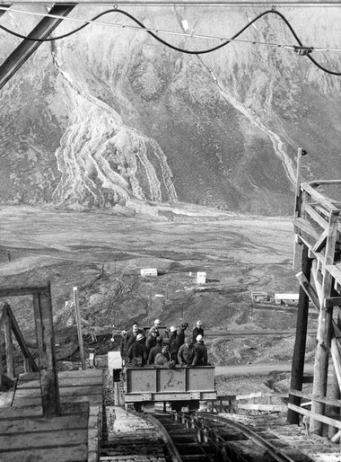 Miners on the way up to the Gruve 5 mine in Endalen outside Longyearbyen.