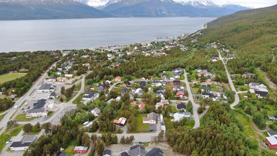 Skibotn dronebilde fra Sommersetlia Foto Storfjord kommune