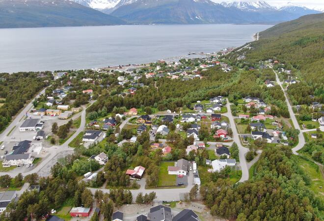 Skibotn dronebilde fra Sommersetlia Foto Storfjord kommune