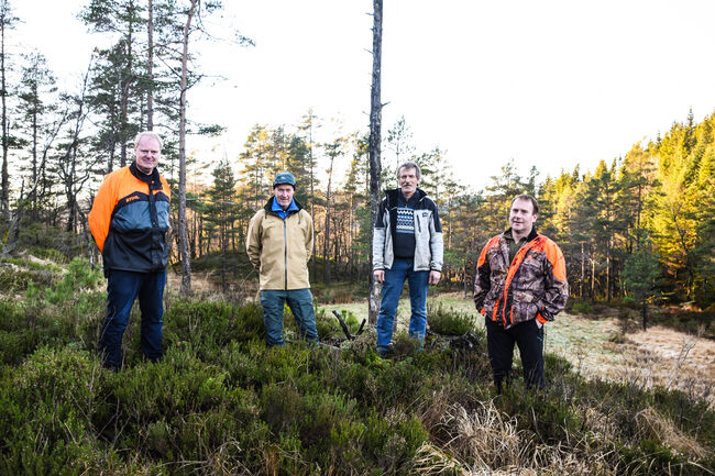 Fra venstre: Skogbrukssjef Trond Konstali, skogeiere Johannes Løvland, Egil Ove Lindeli, Ståle Haukelid. FOTO: Anette Larsen Aass, Avisen Agder