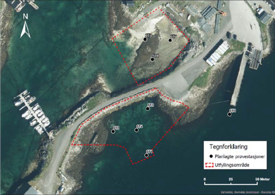 Planlagte utfyllingsområder ved Buskjæret. Prøvestasjoner for sedimentundersøkelser er også vist (ST1-ST7).