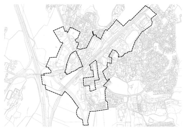 Kart vedr planoppstart for revidering av områderegulering og finansieringsmodellen for Vestby sentrum.