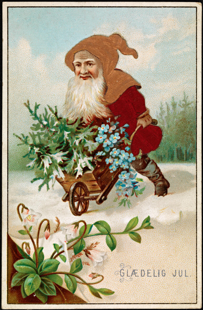 På dette julekortet frå om lag 1885 har nissen fått på seg hette med strut. Kjelde: Nasjonalbiblioteket, biletsignatur: blds 04540. CC BY 2.0.