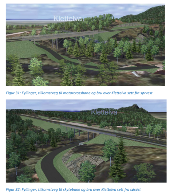 3D-bilder som viser opprinnelig veitrasé over Klettelva i den planen som nå skal fjernes.