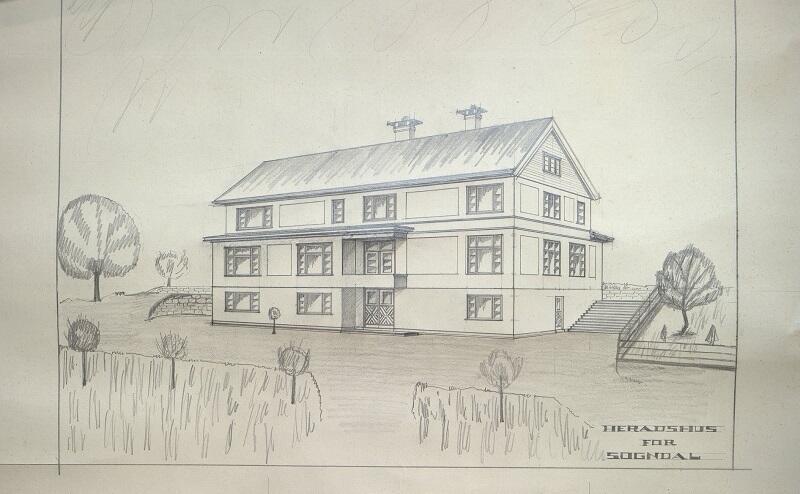 Forslag til kommunehus for Sogndal, teikna av Lars Norevik.