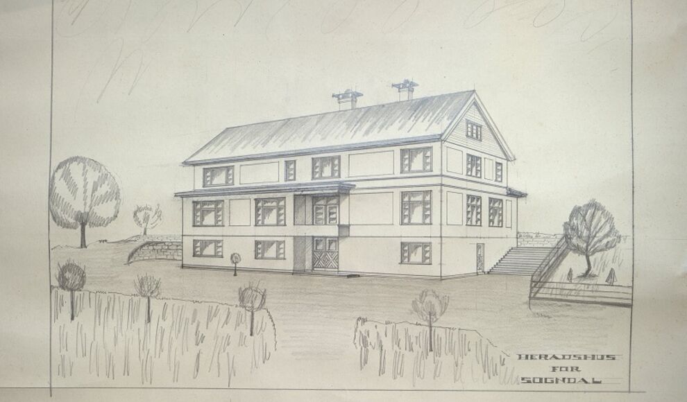 Forslag til kommunehus for Sogndal, teikna av Lars Norevik.