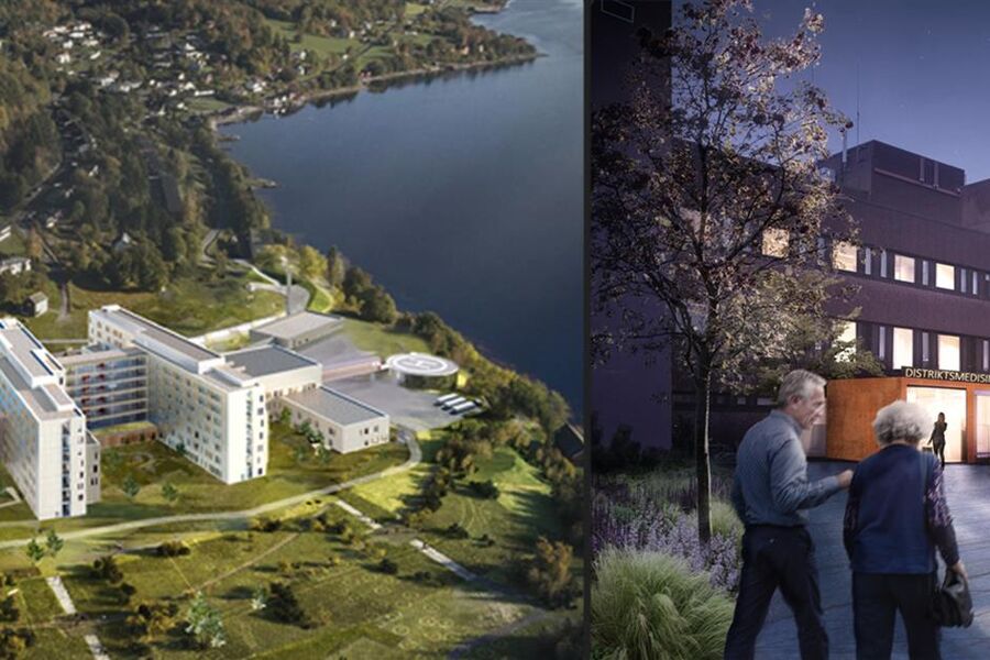 Illustrasjon av det nye akuttsykehus på Hjelset som blir en del av nye Sjukehuset Nordmøre og Romsdal (SNR).