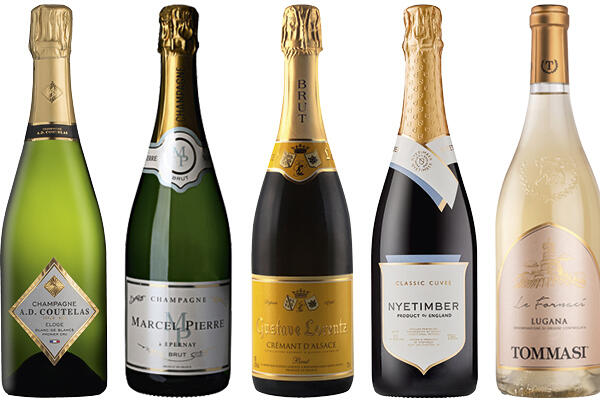 1: A.D. Coutelas Origin Brut, polnummer 5972301, kr 339,90. | 2: Champagne Marcel Pierre, polnummer 125301, kr 249,90. | 3: Gustave Lorentz Crémant, polnummer 5540901, kr 179,90. | 4: Nyetimber Classic Cuvee. polnummer 7345101, kr 409,90. | 5: Tommasi Lug