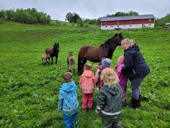 Barn med hest og gård i bakgrunnen.