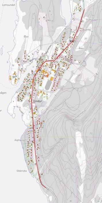 Oversiktskart for planlagt gang- og sykkelvei på Inndyr