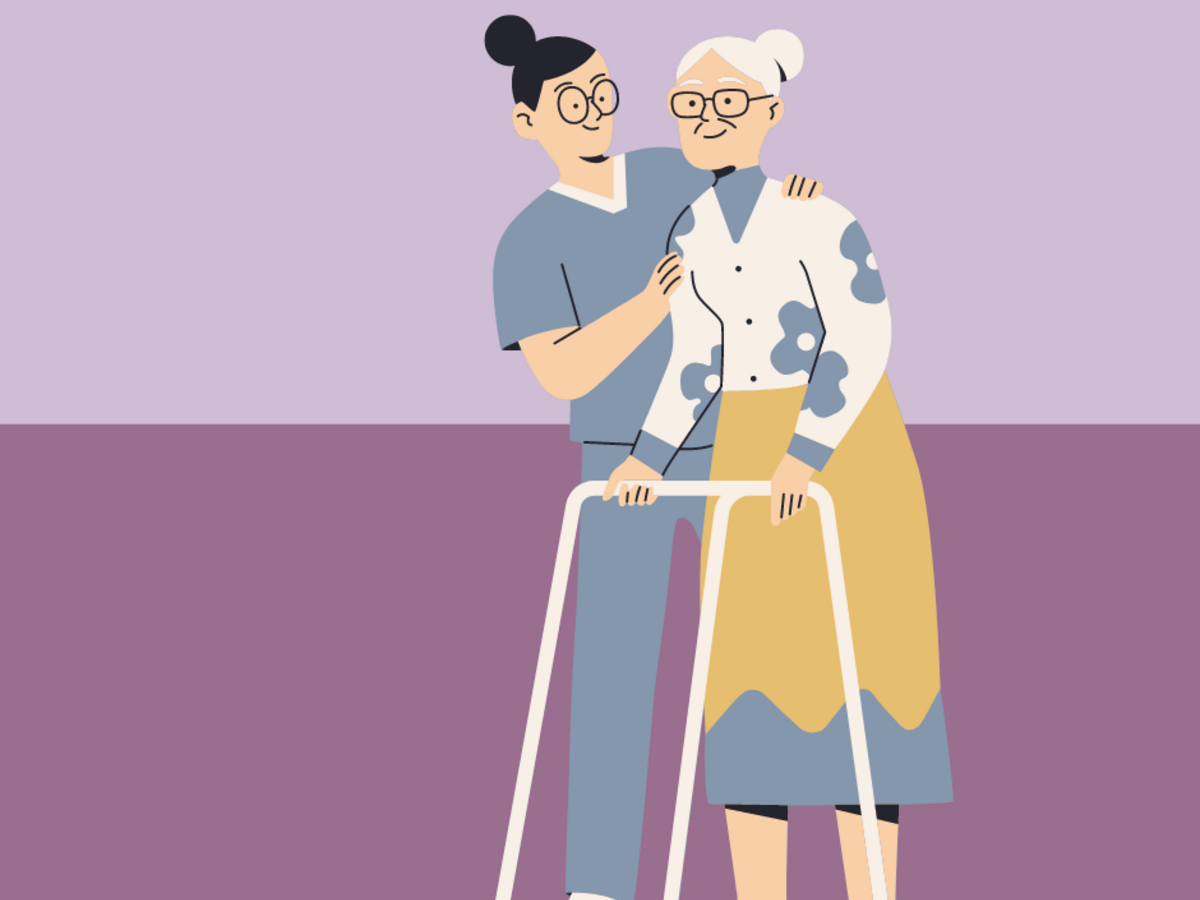 En helsearbeider støtter et eldre menneske med rullator - illustrasjon.