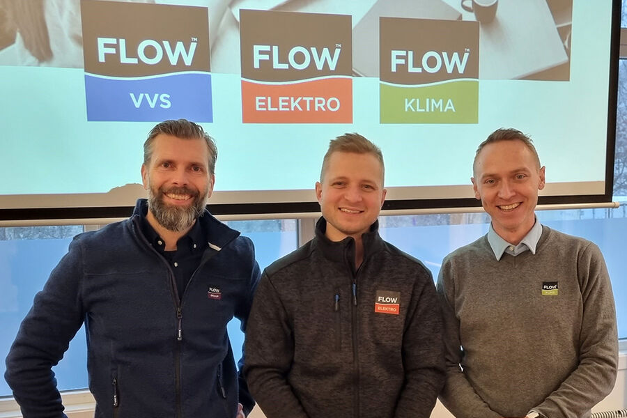 Bildet viser FLOW-salgsteam i Oslo. Fr. venstre Joakim Arnesen, salgs- og markedsansvarlig i FLOW Meisingset VVS, Simon Haaster, salgs- og markedsansvarlig i FLOW Elektro Oslo Vest og Mathias Spolén Erstad, daglig leder i FLOW Klima Oslo