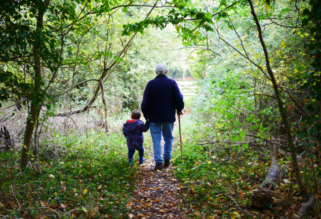 En eldre mann og et lite barn holder hverandre i hånden på tur i grønn skog.
