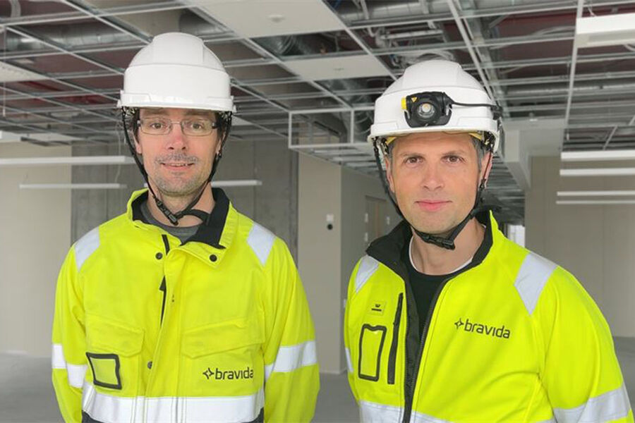 Stig Christiansen,prosjektleder ved Trondheims elektroprosjektavdeling, og Leopoldo Skarsaune-Terzi, prosjektsjef i Bravidas VVS-avdeling i Trondheim, er gode ambassadører for godt samspill på byggeplassen.