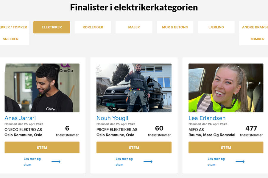 Disse er kvalifisert til finalen om å bli Norges Hyggeligste Håndverker, fra venstre, Anas Jarrari, Oneco Elektro AS, Oslo, Nouh Yougil, Proff Elektriker AS, Oslo, og Lea Erlandsen, MIFO AS, Rauma.
