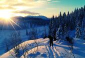 Bilde av skigåere, snø og solnedgang