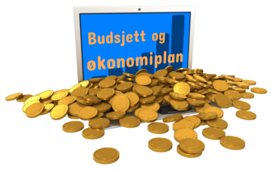 En haug av penger foran PC med tekst Budsjett og økonomiplan