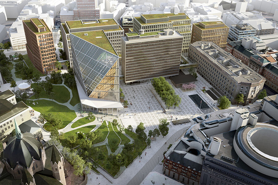 Det nye regjeringskvartalet består av totalt fem nye bygg, en kjeller samt rehabilitering av to bygg og byrom. Foto: Statsbygg / Team Urbis / Nordic Office of Architecture.