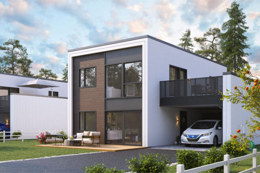 Forskerne har tatt utgangspunkt i denne type standard hus fra Norgeshus på 130 kvadratmeter i sine klimakalkyler. Foto: Norgeshus