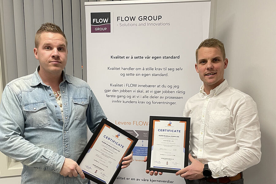 Ledelsen i FLOW Bredesen Elektro er meget fornøyd med å ha fått på plass sertifikatene på ISO 9001 og ISO 14001. Her ser vi fra venstre, Kim R. Grønlund salg- og markedsansvarlig / prosjektleder, og daglig leder André Garcia de Presno.