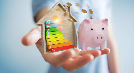 Illustrasjon: Energimerke symbol og en sparegris. Illustrerer at energieffektivisering gir gunstige økonomiske effekter.