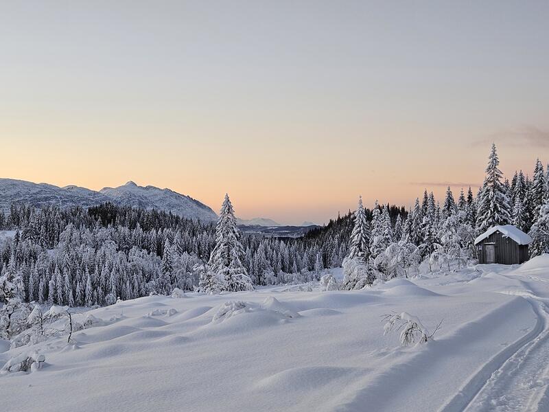 Hytta og snødekt landskap i Nordlia.
