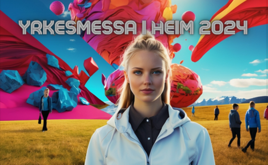 Illustrasjon: HNF,  AI-generert plakat for yrkesmessa i Heim 2024. En kvinne står foran en fargerik bakgrunn.