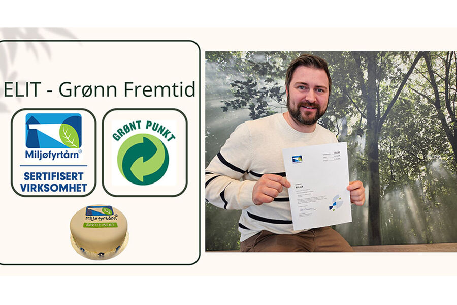 Daglig leder i ELIT, Daniel Sørensen, viser stolt frem beviset på at selskapet nå har blitt en Miljøfyrtårnbedrift, samt medlem i Grønt Punkt. - Det er selskapets strategi å styrke lokale leverandørforbindelser, redusere unødvendig emballasjebruk, og ta i bruk bærekraftige materialer, sier Sørensen.