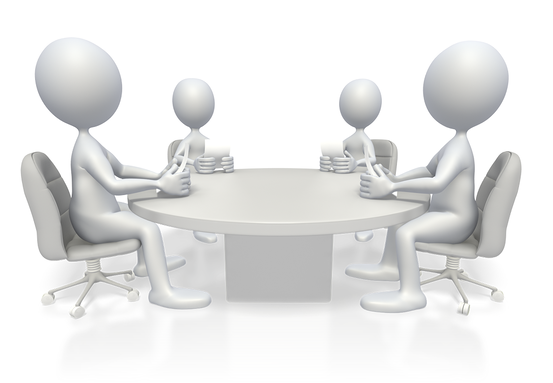 Fire stiliserte personer i møte rundt et bord