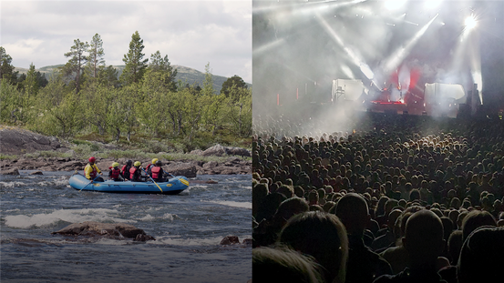 Sammensatt bilde av mennesker på konsert og mennesker i raftingflåte