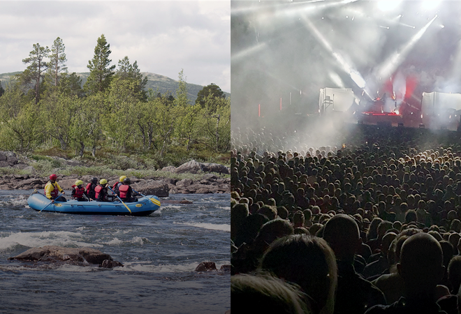 Sammensatt bilde av mennesker på konsert og mennesker i raftingflåte