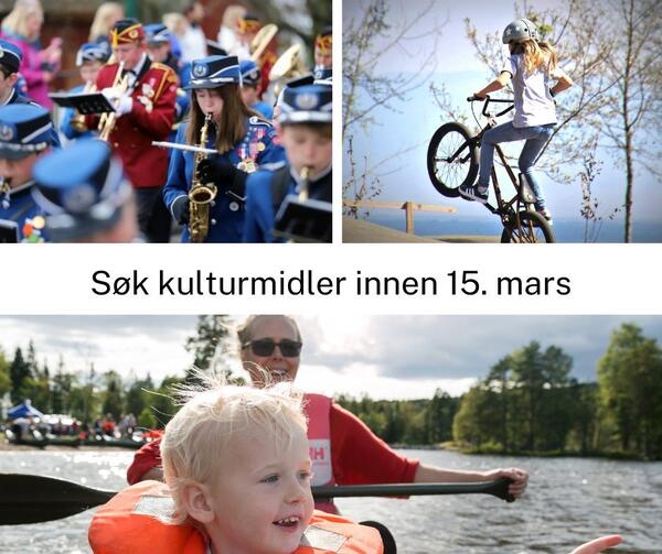Collage med bilder av friluftsliv, korps og jente på sykkel