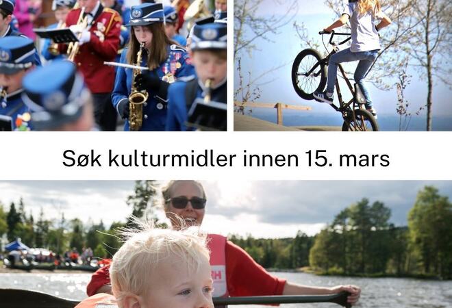 Collage med bilder av friluftsliv, korps og jente på sykkel