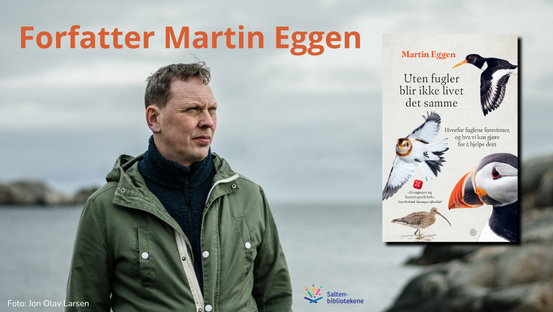 Forfatter Martin Eggen i positur med grønn turjakke og bilde av forsida på boka hans.