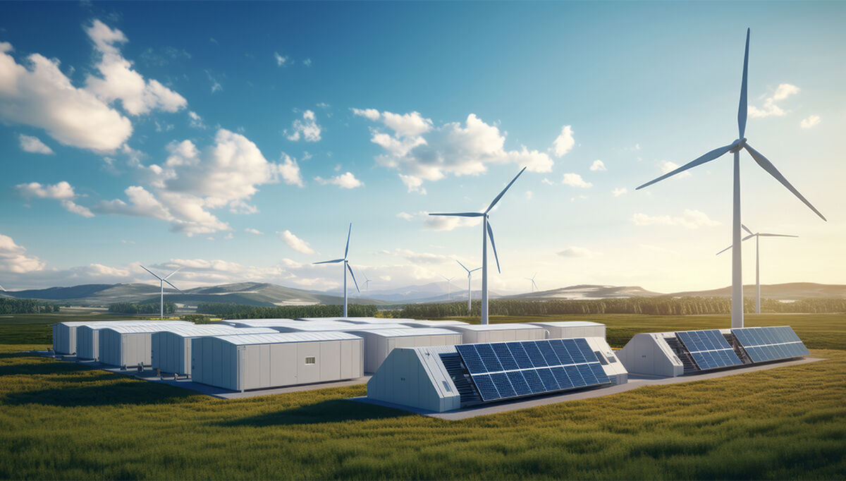 Hydrogen Storage Facility Accompanied by Wind Turbines, Solar Pa