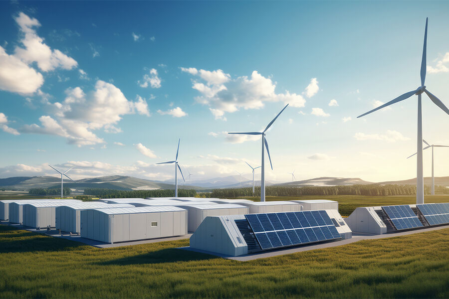 Hydrogen Storage Facility Accompanied by Wind Turbines, Solar Pa