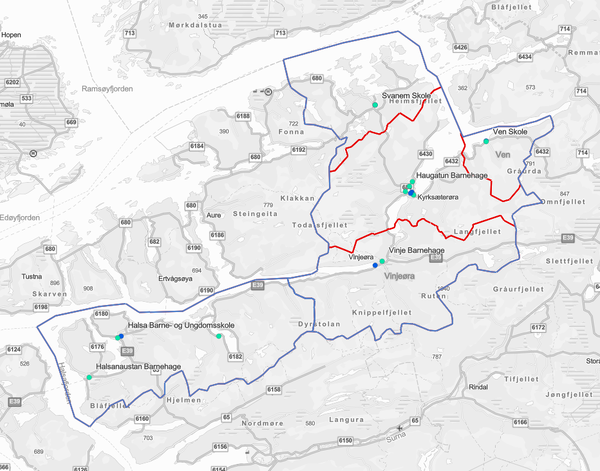 På bildet: Kartutsnitt over skolekretsene i Heim kommune