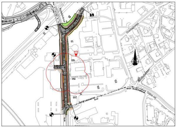 Garderveien fra broen over jernbanen forbi Vestbytorget og  ned til krysset Garderveien x Sentrumsveien. Kartillustrasjon