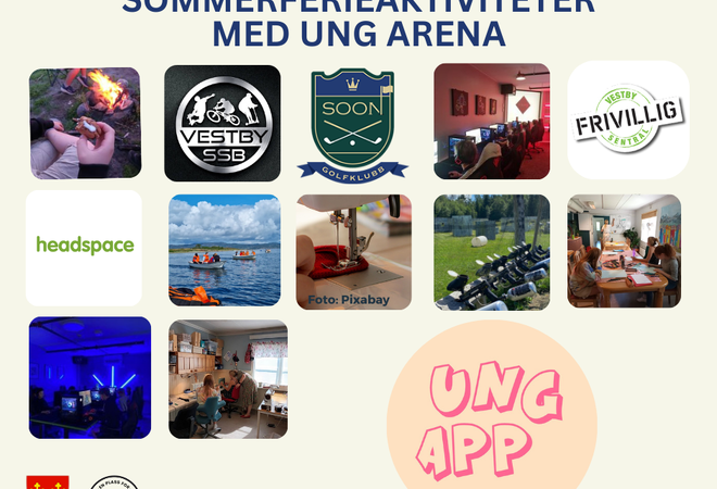 Sommerferieaktiviteter med Ung Arena 2024. Bilder av aktivitetene eller logoene til aktivitetene som er årets aktiviteter