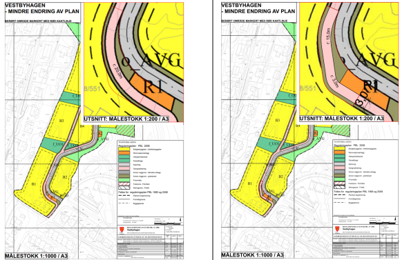 Kartutsnitt - Endring av reguleringsplan gjennom forenklet prosess – Vestbyhagen – Justering av renovasjonsområde og gang- og sykkelvei i plankart