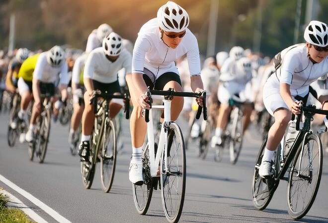 En gruppe syklister i et landeveisritt. De er kledd i hvitt sykkelutstyr og hjelmer, og sykler tett sammen på en solbelyst vei.