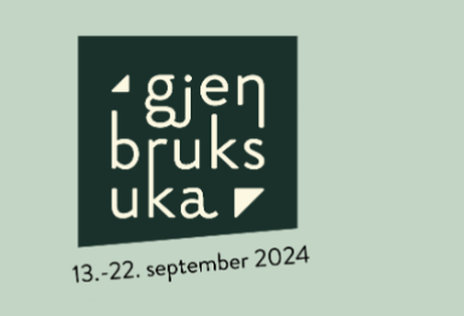 En logo med teksten “gjenbruksuka” i hvite bokstaver på en svart bakgrunn, etterfulgt av datoen “13.-22. september 2024” i svarte bokstaver på en lysegrønn bakgrunn.