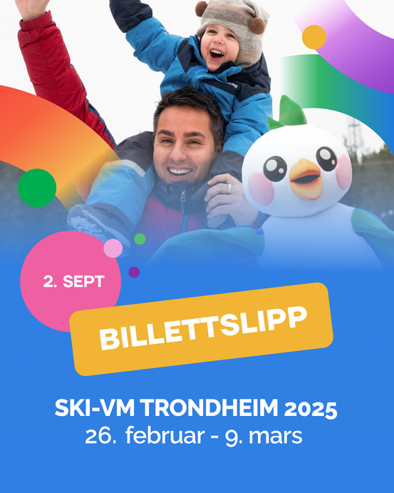 Ski VM: en gutt sitter på skulder til foreldre/foresatte og feirer Ski-VM i Trondheim