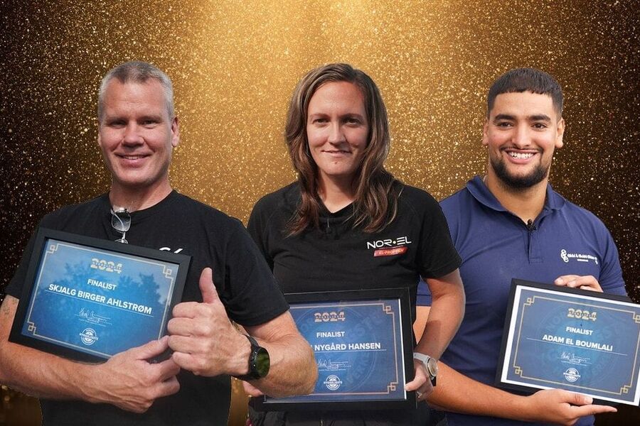Skjalg Birger Ahlstrøm, Maiken Nygård Hansen og Adam El Boumlali skal gjøre opp seg i mellom om tittelen Årets Hyggeligste Elektriker 2024. Vinneren går videre til konkurransen Årets Hyggeligste Håndverker 2024. Foto: Årets Hyggeligste Håndverker.
