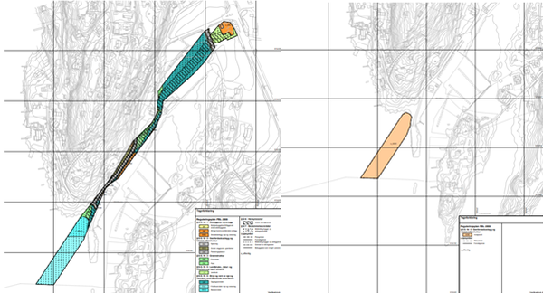 Kartutsnitt - overføringsledning fra Brevik til Fuglevik renseanlegg - Detaljregulering
