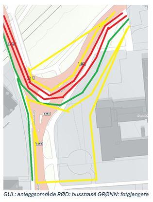 Illustrasjon trafikkavvikling: GUL: anleggsområde RØD: busstrasé GRØNN: fotgjengere