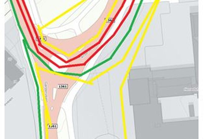 Illustrasjon trafikkavvikling: GUL: anleggsområde RØD: busstrasé GRØNN: fotgjengere