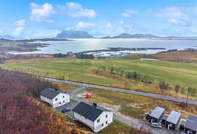 To firemannsboliger i sommerlandskap på oversiden av fylkesveien i Våg på Sandhornøy, med utsikt mot Fleina og Fugløya.