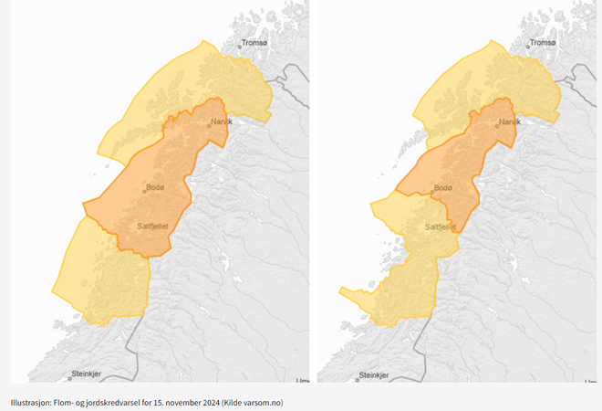 Kart over farevarsel for flom og skred 15. november 2024