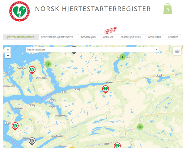 Skjermbilde: Kart som viser hjertestartere i Heim kommune. hjertestarterregister.no.